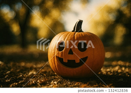 Halloween cartoon pumpkin on an autumn background. Halloween cartoon pumpkin on an autumn background. 132412836