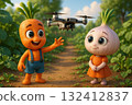 Cartoon carrots and onions in the garden launch a flying drone. 132412837