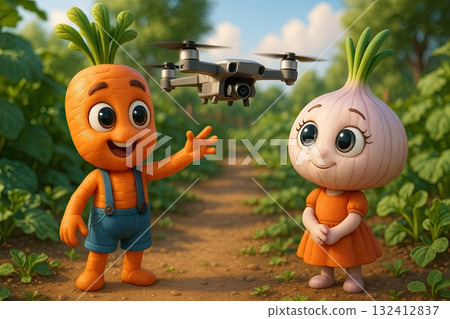 Cartoon carrots and onions in the garden launch a flying drone. Cartoon carrots and onions in the garden launch a flying drone. 132412837