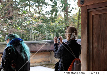 Foreign cherry blossom viewers taking photos of the rock garden at Ryoanji Temple 132413118