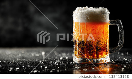 Frosty beer mug with golden liquid and foamy head 132413138