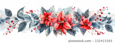 Vibrant watercolor illustration of red poinsettias and green leaves, creating a festive floral arrangement with a soft background and artistic flair Vibrant watercolor illustration of red poinsettias and green leaves, creating a festive floral arrangement with a soft background and artistic flair 132413163