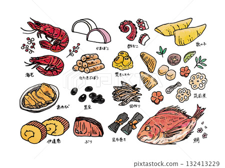 各種新年菜餚的易於使用的手繪插圖集 132413229