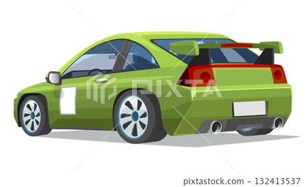 Vector illustration of oblique view from the rear of a racing sports car. Green car isolated on white background. A car with a spoiler and aggressive twin exhaust pipes. Vector illustration of oblique view from the rear of a racing sports car. Green car isolated on white background. A car with a spoiler and aggressive twin exhaust pipes. 132413537