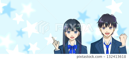 高中或初中男孩和女孩的動漫風格插圖,清爽的淡藍色星光背景,有影印空間 高中或初中男孩和女孩的動漫風格插圖,清爽的淡藍色星光背景,有影印空間 132413618