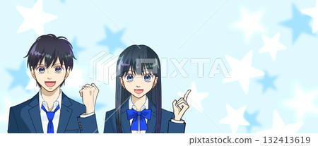 高中或初中男孩和女孩的動漫風格插圖,清爽的淡藍色星光背景,有影印空間 高中或初中男孩和女孩的動漫風格插圖,清爽的淡藍色星光背景,有影印空間 132413619