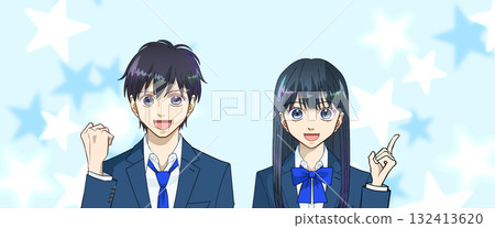 高中或國中男生和女生的動漫風格插畫,清爽的淡藍色星空背景 高中或國中男生和女生的動漫風格插畫,清爽的淡藍色星空背景 132413620