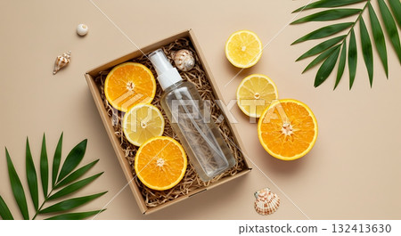 Refreshing summer vibes with citrus slices, seashells, and a spray bottle creating a light, airy, and natural spa atmosphere for skincare promotion Refreshing summer vibes with citrus slices, seashells, and a spray bottle creating a light, airy, and natural spa atmosphere for skincare promotion 132413630