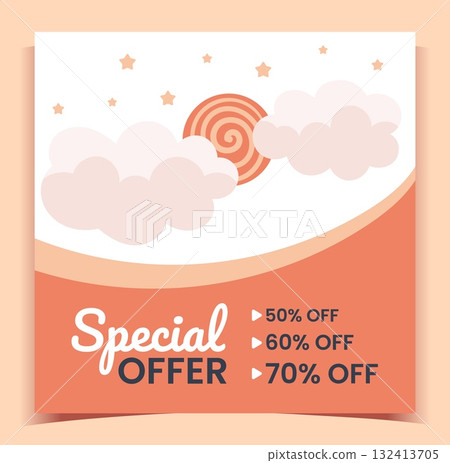 Baby shop, product promotion. Sale special offer, web social media post design, moon and stars in clouds, cute decorative background. Discount card. Vector cartoon isolated illustration Baby shop, product promotion. Sale special offer, web social media post design, moon and stars in clouds, cute decorative background. Discount card. Vector cartoon isolated illustration 132413705
