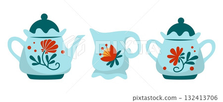 Cozy kettle. Sugar and milk container with floral pattern. botanical decorative elements on crockery. Drinking tea. Teatime utensil. Serving kitchen. Vector cartoon isolated illustration 132413706