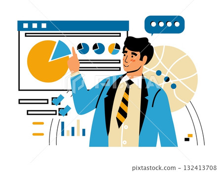 Business presentation. Manager show graphics and charts, planning and optimization process, brainstorming man in office. Minimalist design for web banner. Vector isolated illustration Business presentation. Manager show graphics and charts, planning and optimization process, brainstorming man in office. Minimalist design for web banner. Vector isolated illustration 132413708