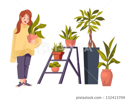 Woman with houseplants. Girl buying or selling plants in pots. Growing green ficuses and succulents. Home garden greenery. Botanical elements in flowerpot. Vector cartoon illustration Woman with houseplants. Girl buying or selling plants in pots. Growing green ficuses and succulents. Home garden greenery. Botanical elements in flowerpot. Vector cartoon illustration 132413709