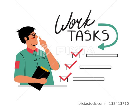 Work task. Office person planning and check completed work. presentation schedule, busy man schedule, organization and time management. Checklist paper. Vector cartoon isolated illustration 132413710