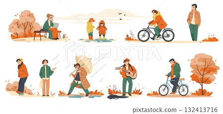 Autumn rain. People characters with umbrella, fall season weather in city. Couple, children on bicycle outdoors, rainy weather. Characters walking in park. Vector cartoon illustration 132413716