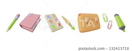 3d school elements. Back to study art brush, education book for paint class, pencil, paper clips and textbook case, cute student stationery. Vector cartoon render isolated icons set 132413718