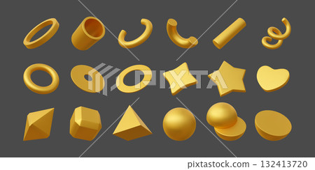 3d gold objects. Golden cube, sphere, star and heart element, metal shape or abstract flying geometric volumetric ring. Realistic triangle, cone digital design isolated vector icon render set 132413720