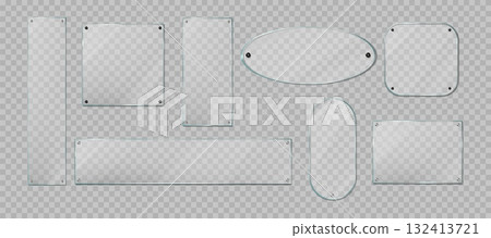 Glass sign. Name wall plate, clear display or board, tag sheet. Blank panel frame different forms, round, square and rectangular, stand plastic reflection. Vector isolated mockup 132413721