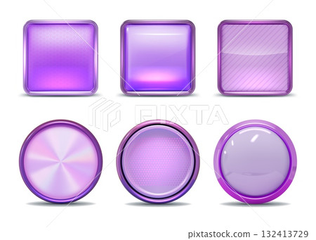 3d button. Square rectangle glass frame, round glossy metal ui panel or rectangular interface border, application shape, empty geometric figures signs. Vector isolated render icons set 3d button. Square rectangle glass frame, round glossy metal ui panel or rectangular interface border, application shape, empty geometric figures signs. Vector isolated render icons set 132413729