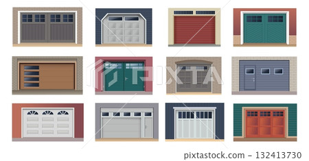 Warehouse door. Garage repair, front of mechanic car house, industrial business construction. Automatic shutter, safety transport parking storage. Vector isolated doorway illustration set 132413730