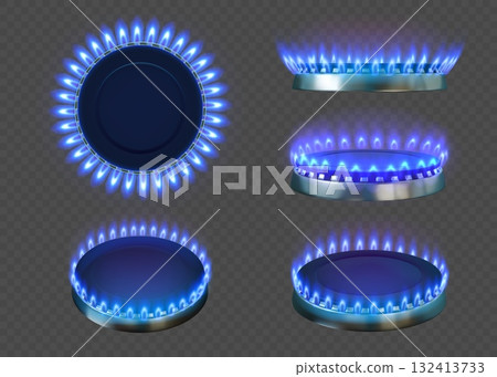 Gas flame. Stove fire burner, blue cook oven top and side view. Natural energy effect, kitchen cooker hob ring. Light glow, oven ignition mockup, propane butane cooktop. Vector realistic set Gas flame. Stove fire burner, blue cook oven top and side view. Natural energy effect, kitchen cooker hob ring. Light glow, oven ignition mockup, propane butane cooktop. Vector realistic set 132413733