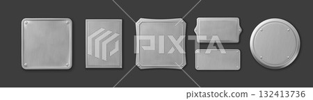 Metal plate. Silver, steel frame or iron sign square and round, screw plaque for logo, stainless chrome board emblems, surface template secured with screws. Vector badge isolated set 132413736