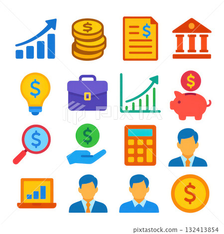 Financial icons in vibrant colors, including graphs and money 132413854