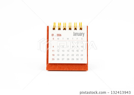 Red mini calendar for January 2026 year on white background. 132413943