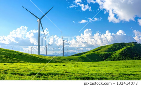 AI Image: A landscape with a summer blue sky and wind turbines 132414078