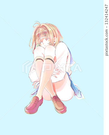 A female student with her legs hugged and her eyes closed 132414247