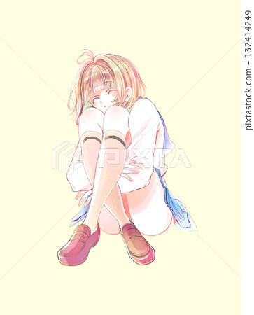 A female student with her legs hugged and her eyes closed A female student with her legs hugged and her eyes closed 132414249