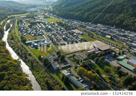 Aerial photograph of residential areas and riverside streets in Kasagi Town, Hokkaido Aerial photograph of residential areas and riverside streets in Kasagi Town, Hokkaido 132414256