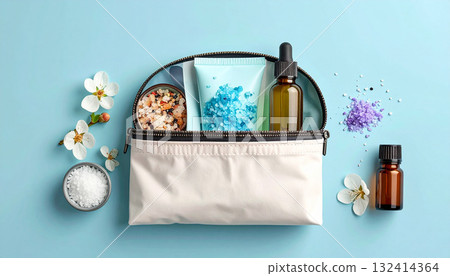 spa-inspired travel pouch filled with amber essential oil bottles and white bath salts, set against a soft pink background. Concept of self-care, aromatherapy, and modern wellness spa-inspired travel pouch filled with amber essential oil bottles and white bath salts, set against a soft pink background. Concept of self-care, aromatherapy, and modern wellness 132414364