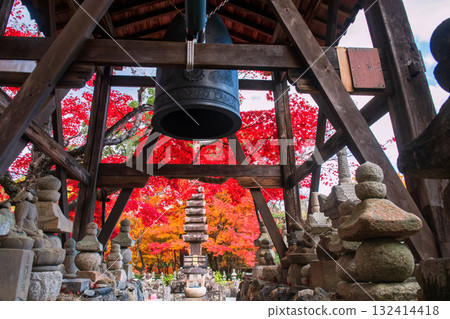 Bell tower by pagoda and fall leaf colors, Adashino, Arashiyama 132414418