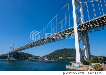 Kanmon Bridge against blue sky, Kitakyushu, Fukuoka, Japan 132414456