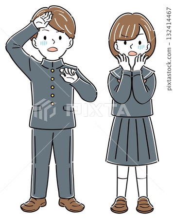 Illustration of male and female students in uniforms with surprised and confused expressions, full body 132414467