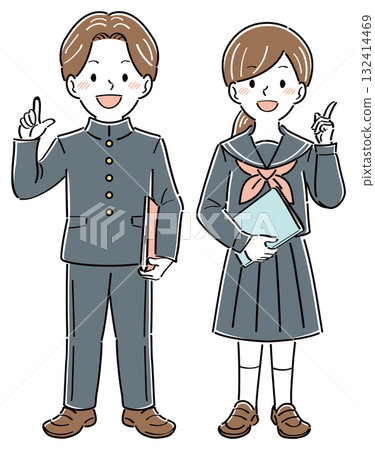Illustration of male and female students in uniforms smiling and pointing while explaining. Full body Illustration of male and female students in uniforms smiling and pointing while explaining. Full body 132414469