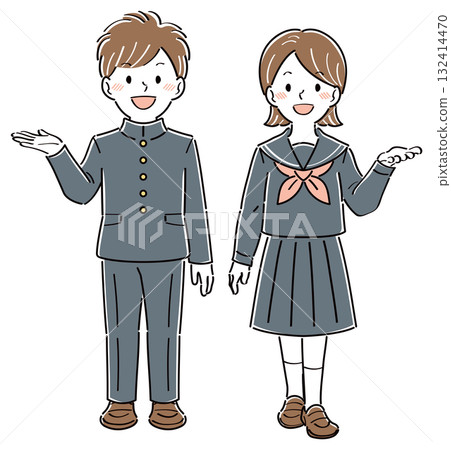 Illustration of male and female students in uniforms smiling and posing to guide and introduce. Full body Illustration of male and female students in uniforms smiling and posing to guide and introduce. Full body 132414470