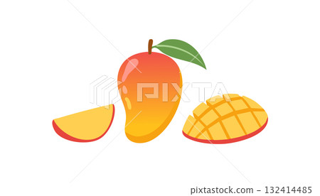 Bright mango fruit with leaf and sliced half ideal for tropical food design and summer feeling. Bright mango fruit with leaf and sliced half ideal for tropical food design and summer feeling. 132414485