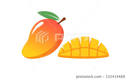 Juicy tropical mango and sliced piece showing freshness healthy lifestyle and sunny mood. Juicy tropical mango and sliced piece showing freshness healthy lifestyle and sunny mood. 132414489