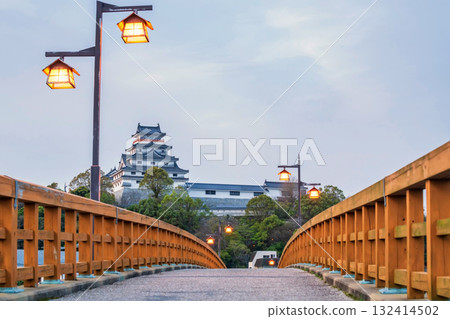 Jyounai bridge trail with light bulb lamp to Karatsu castle at sunset, Saga 132414502