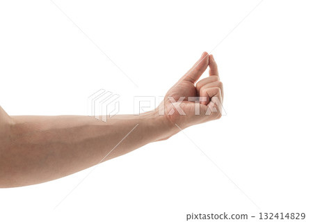 Adult young man hand pinch hold something isolated on white Adult young man hand pinch hold something isolated on white 132414829
