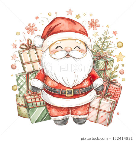 水彩聖誕老人和堆積如山的聖誕禮物 132414851