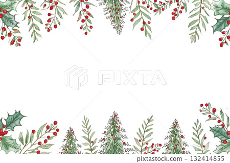 水彩聖誕植物（冬青樹和樹）邊框 132414855