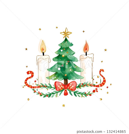 Watercolor Christmas tree with candles and ribbon decorations 132414865