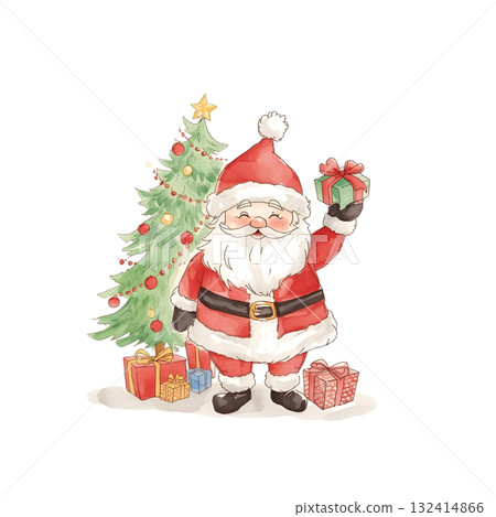 Watercolor Santa Claus with gift boxes and Christmas tree Watercolor Santa Claus with gift boxes and Christmas tree 132414866