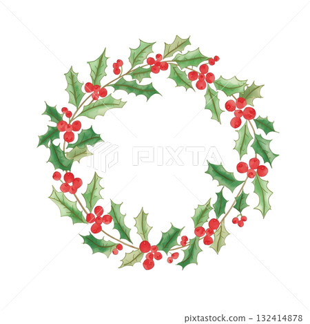 Watercolor holly and berry Christmas wreath 132414878