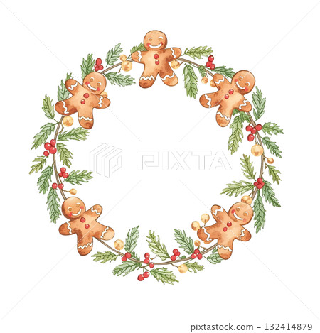 水彩薑餅人和松針聖誕花環 水彩薑餅人和松針聖誕花環 132414879