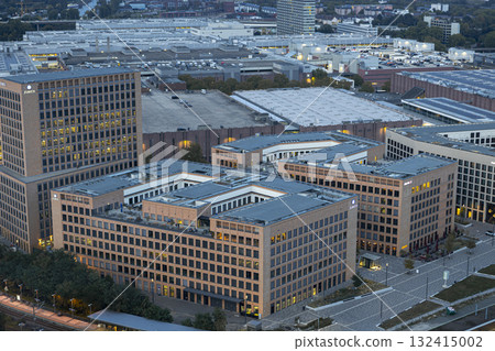 Evening view of Cologne Koelnmesse and railway tracks 132415002