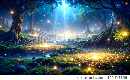 奇幻的森林景觀，地面發光 132415166