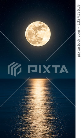 Luminous full moon casts a golden path across a tranquil dark ocean under a star-filled night sky Luminous full moon casts a golden path across a tranquil dark ocean under a star-filled night sky 132415619